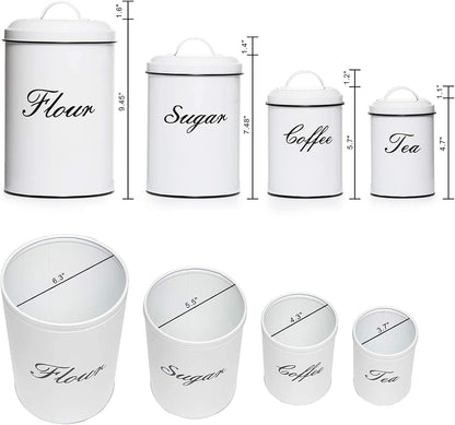 White Canister Sets for Kitchen Counter, Flour and Sugar Containers, Vintage Farmhouse Design Food Storage Container, 4 Pack