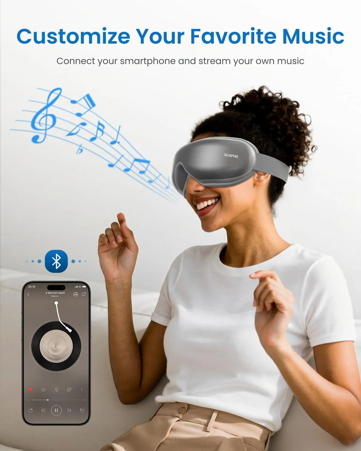 Eye Massager with Heat & Vibration – 5 Massage Modes, Bluetooth Music, Adjustable Headband, USB Rechargeable - Gray